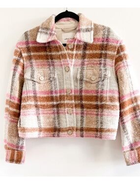 Aritzia Plaid Wool-Blend Cropped Jacket in Cream, Pink, Brown